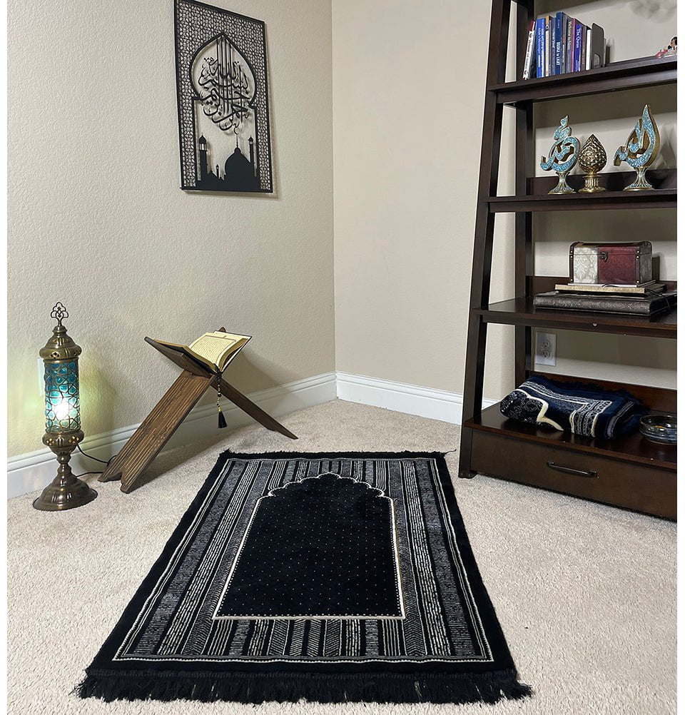 Double Plush Wide Islamic Prayer Rug - Tribal Mihrab Black