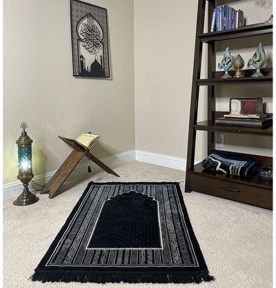 Modefa Prayer Rug Floral Mihrab Black Double Plush Floral Mihrab Black