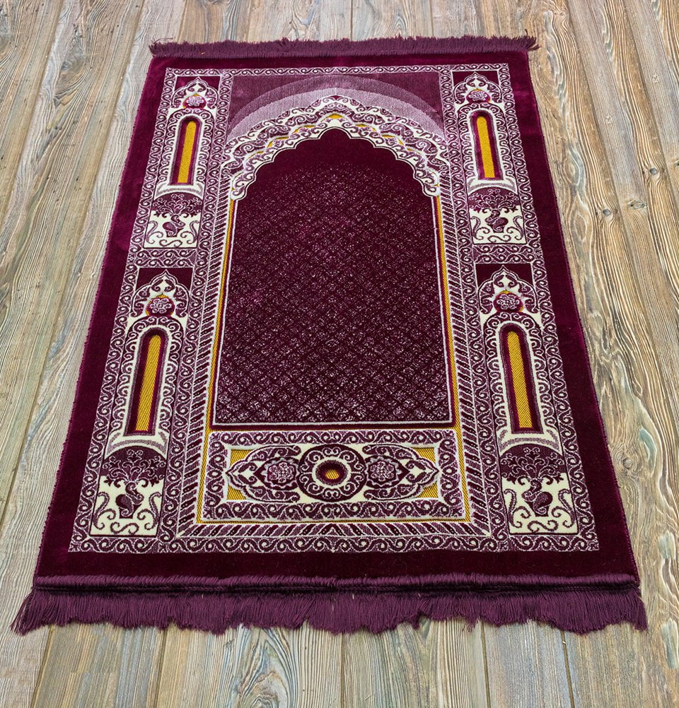 Modefa Prayer Rug Floral Mihrab Plum Double Plush Wide Islamic Prayer Rug - Floral Mihrab Plum