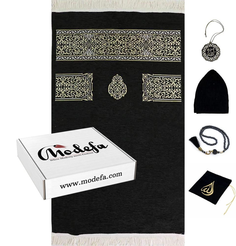 Modefa Prayer Rug Gift Box Set Luxury Meccan Woven Chenille Islamic Prayer Rug Black - Gift Box Set