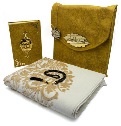 Modefa Prayer Rug Gold Eid Gift Set | 5 Piece Set with Prayer Rug & Quran - Gold