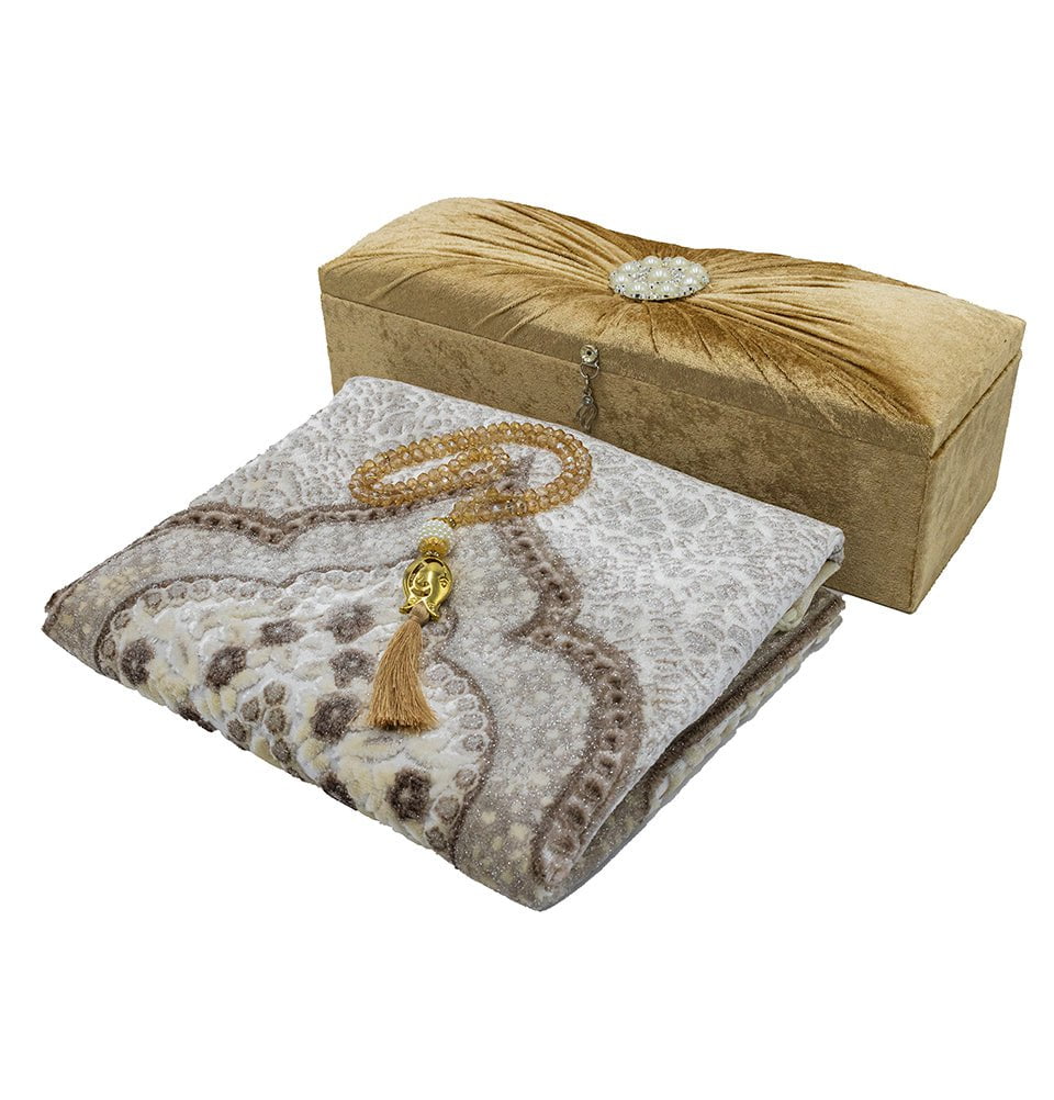 Modefa Prayer Rug Gold Keepsake Velvet Gift Set with| Luxury Winter Rose Prayer Rug & Tesbih - Gold