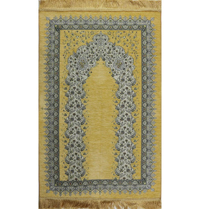 Luxury Embroidered Islamic Prayer Rug Tulip & Vines Arch - Golden Beige