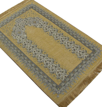 Luxury Embroidered Islamic Prayer Rug Tulip & Vines Arch - Golden Beige