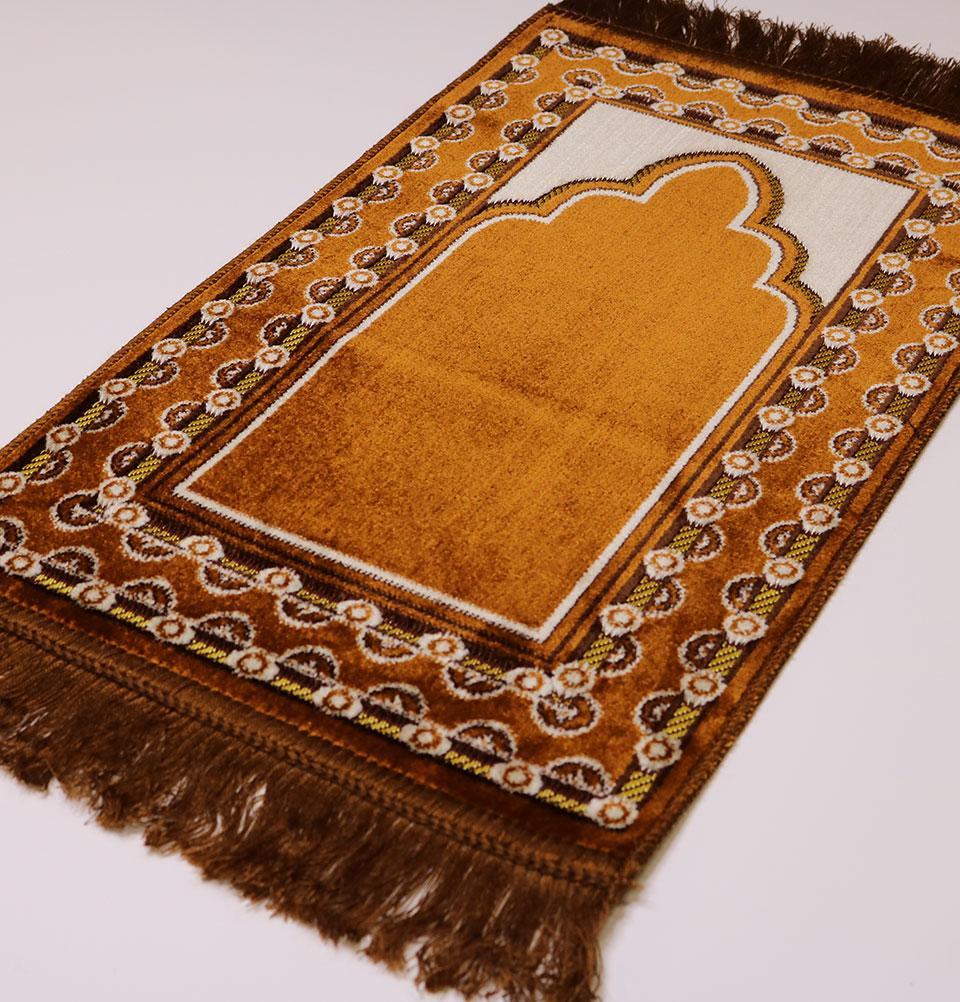 Child Velvet Islamic Prayer Rug - Golden Brown with Dotted Border