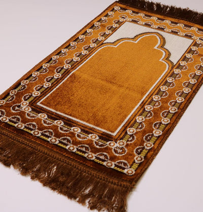 Child Velvet Islamic Prayer Rug - Golden Brown with Dotted Border