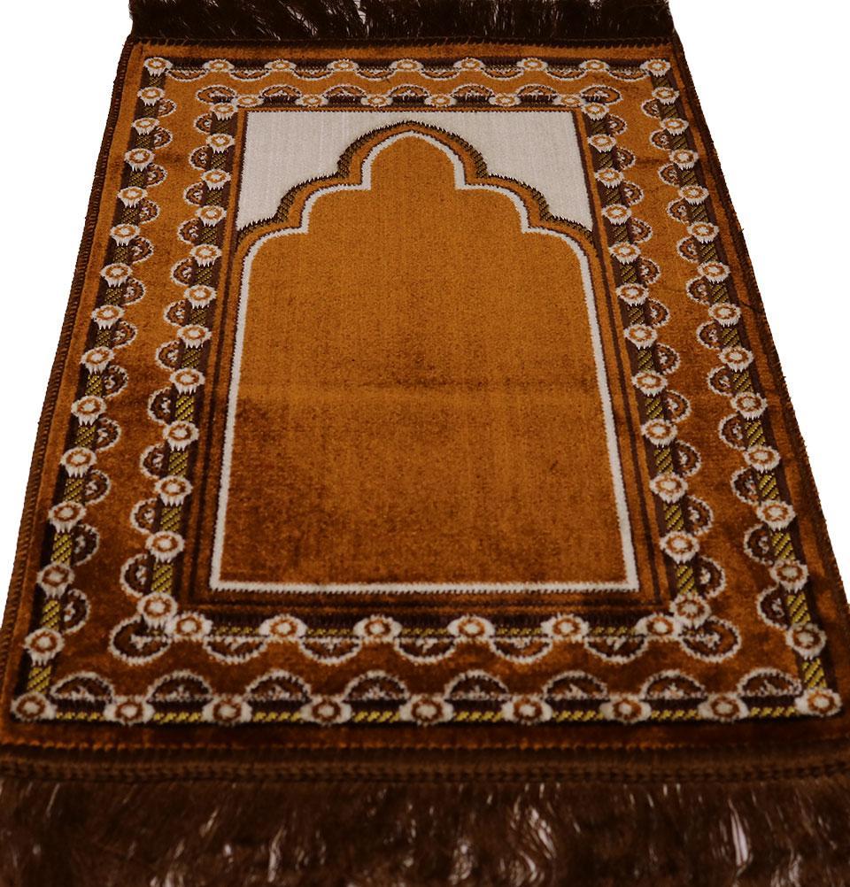 Child Velvet Islamic Prayer Rug - Golden Brown with Dotted Border