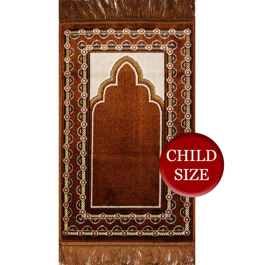 Child Velvet Islamic Prayer Rug - Golden Brown with Dotted Border