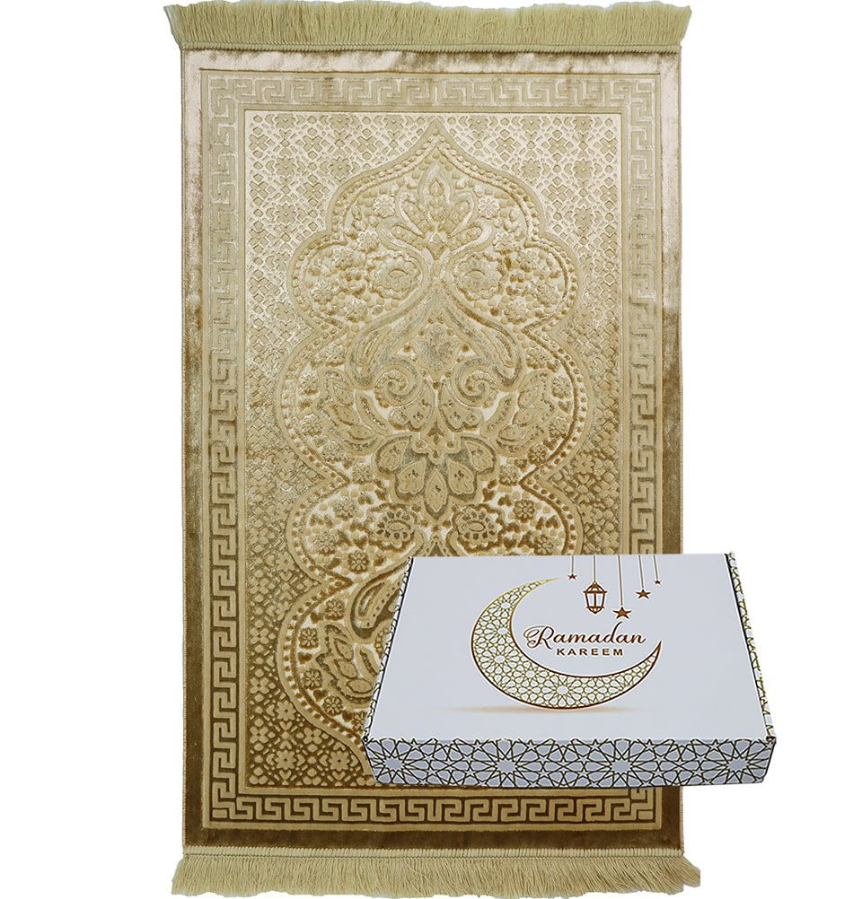 Modefa Prayer Rug Golden Yellow Luxury Velvet Islamic Prayer Rug Gift Box Set with Prayer Beads - Golden Yellow
