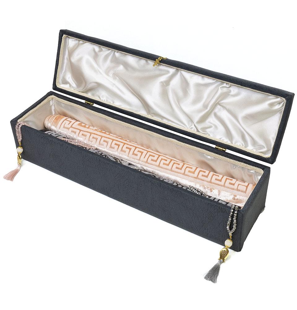 Modefa Prayer Rug Gray Long Keepsake Velvet Gift Case | 5 Piece Set | Luxury Prayer Rugs & Crystal Cut Tesbih - Gray