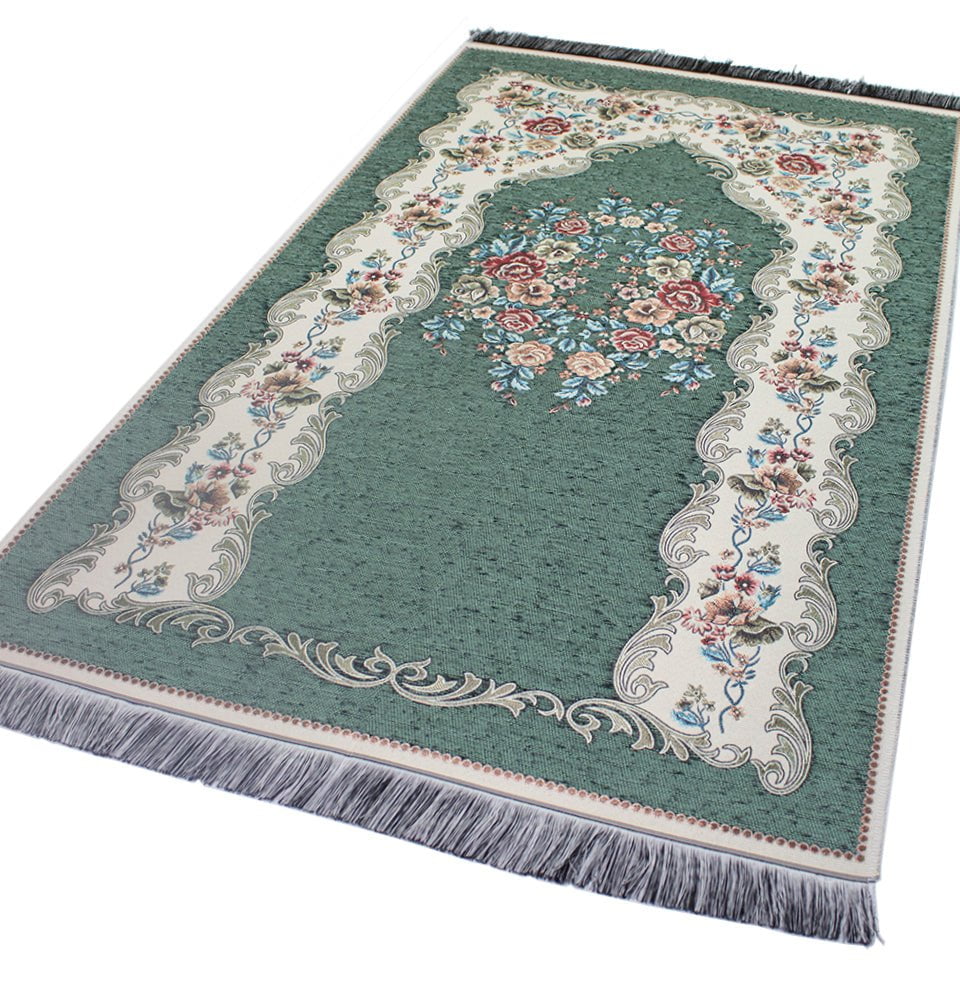 Modefa Prayer Rug Green #2 Chenille Embroidered Floral Rose Islamic Prayer Mat - Green #2