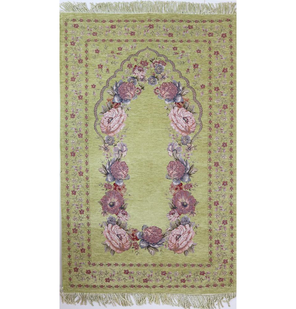 Chenille Embroidered Green Rose Islamic Prayer Mat with Storage Bag