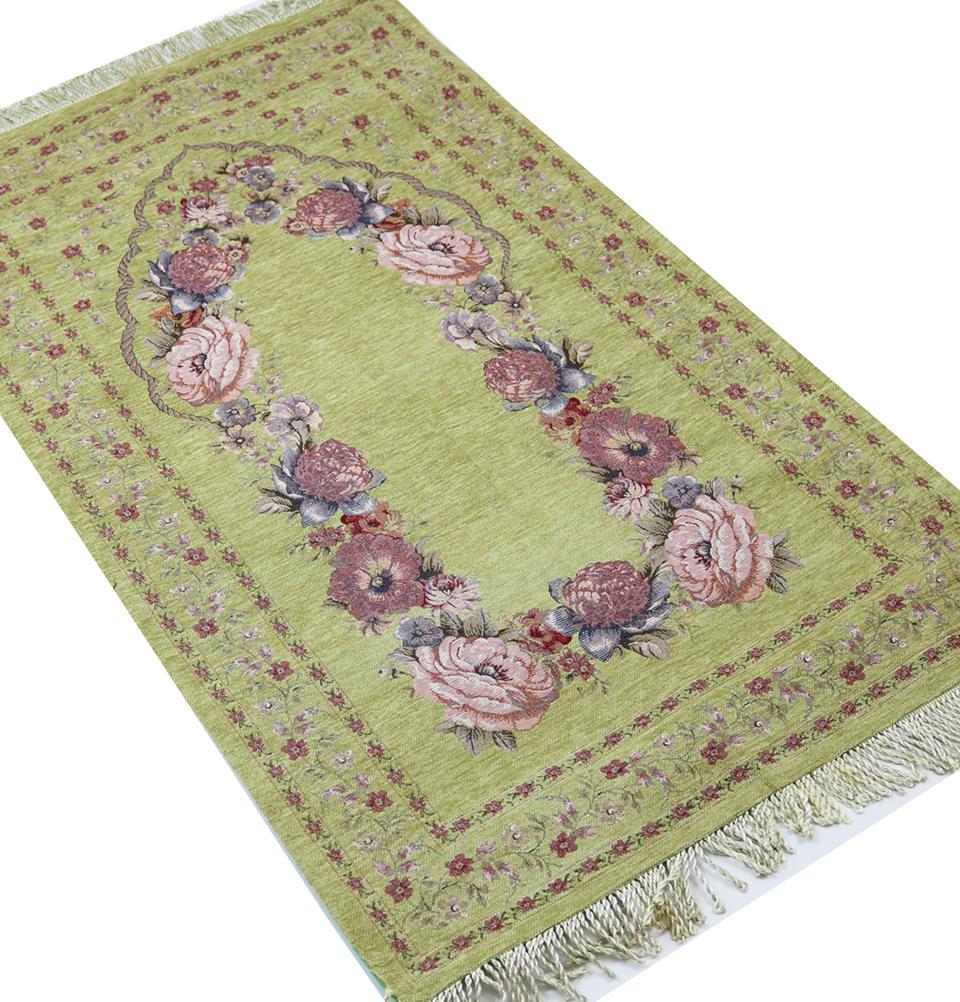 Chenille Embroidered Green Rose Islamic Prayer Mat with Storage Bag