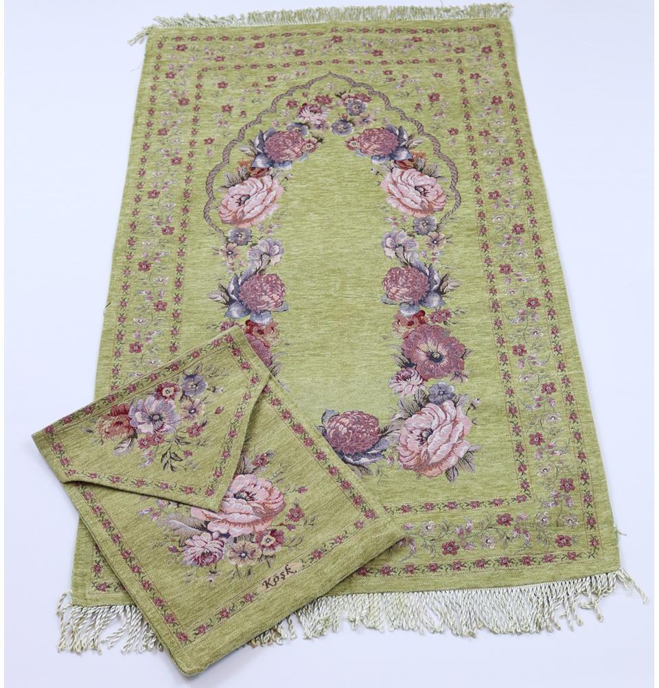 Chenille Embroidered Green Rose Islamic Prayer Mat with Storage Bag