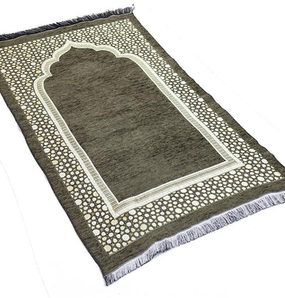 Modefa Prayer Rug Green Chenille Embroidered Selcuk Star Islamic Prayer Mat - Khaki Green