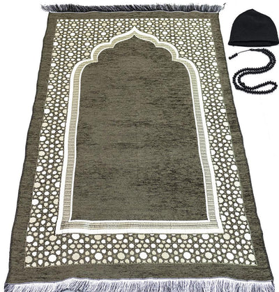 Modefa Prayer Rug Green Chenille Embroidered Selcuk Star Islamic Prayer Mat - Khaki Green