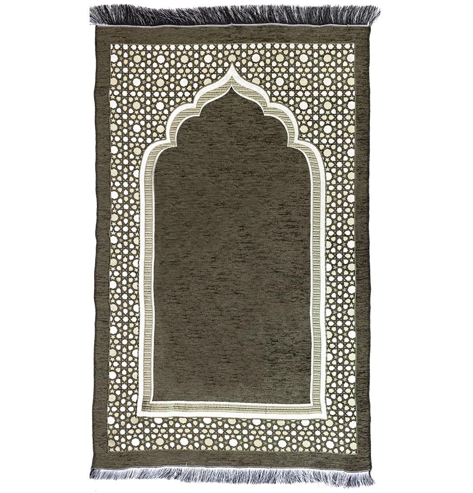 Modefa Prayer Rug Green Chenille Embroidered Selcuk Star Islamic Prayer Mat - Khaki Green