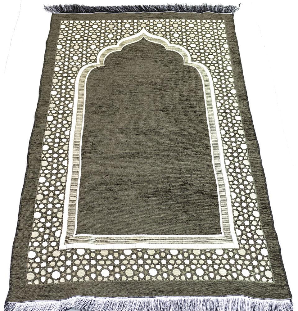 Modefa Prayer Rug Green Chenille Embroidered Selcuk Star Islamic Prayer Mat - Khaki Green