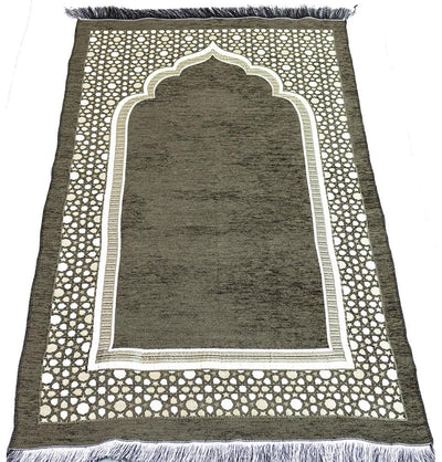 Modefa Prayer Rug Green Chenille Embroidered Selcuk Star Islamic Prayer Mat - Khaki Green