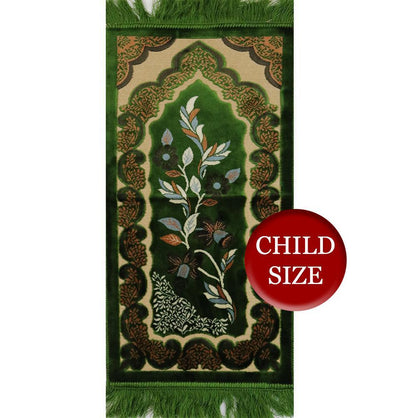 Child Velvet Floral Islamic Prayer Rug - Green