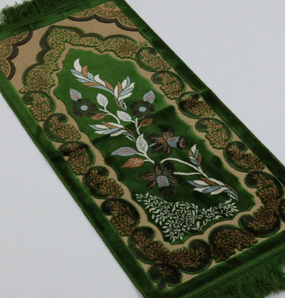 Child Velvet Floral Islamic Prayer Rug - Green