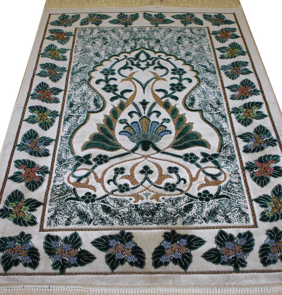 Modefa Prayer Rug Plush Velvet Floral Leaf Prayer Rug Green & Creme - Modefa 