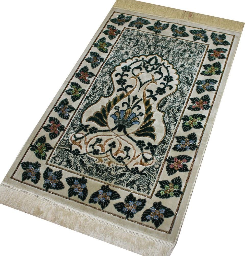 Modefa Prayer Rug Plush Velvet Floral Leaf Prayer Rug Green & Creme - Modefa 