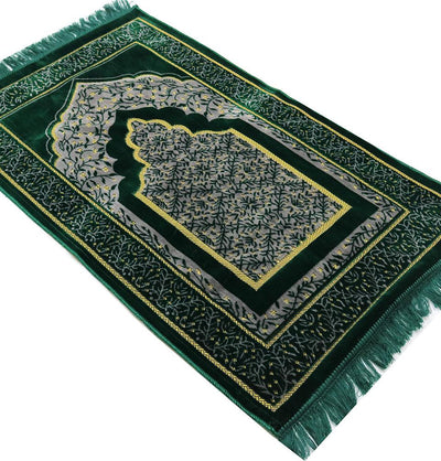 Velvet Vined Arch Islamic Prayer Rug - Green/Gray