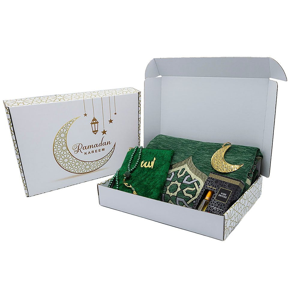 Modefa Prayer Rug Green Ramadan Gift Box Set - 5 Pieces with Prayer Mat (Green)