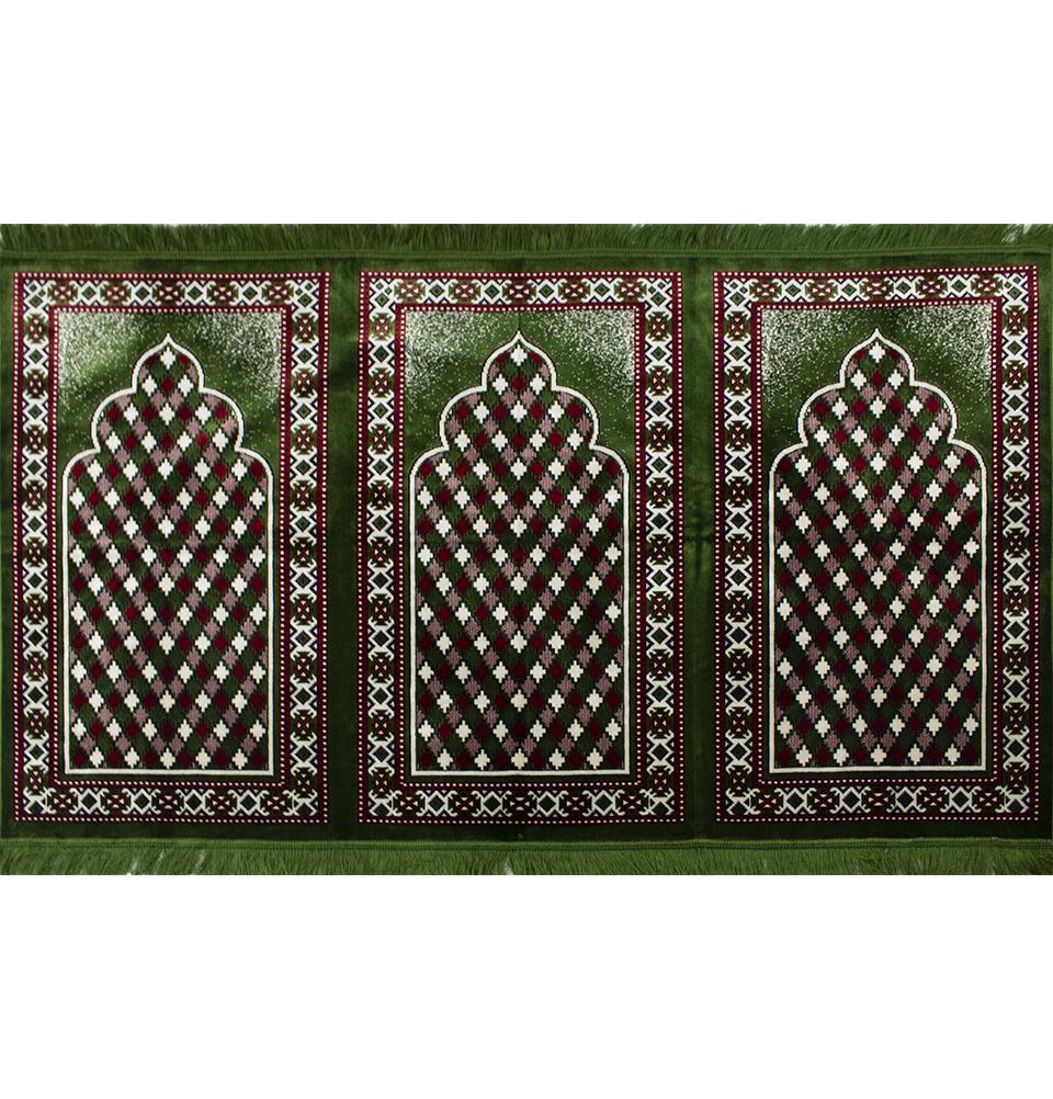 Wide 3 Person Masjid Islamic Prayer Rug - Geometric Arch Green