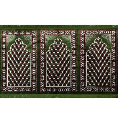 Wide 3 Person Masjid Islamic Prayer Rug - Geometric Arch Green