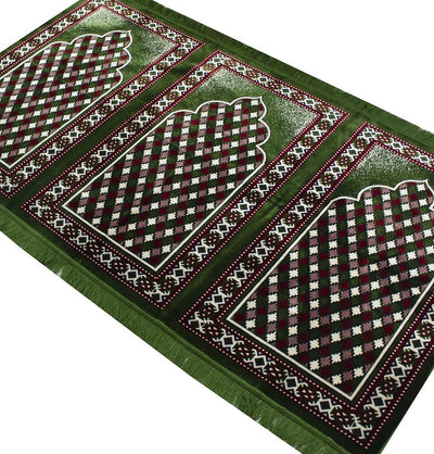 Wide 3 Person Masjid Islamic Prayer Rug - Geometric Arch Green
