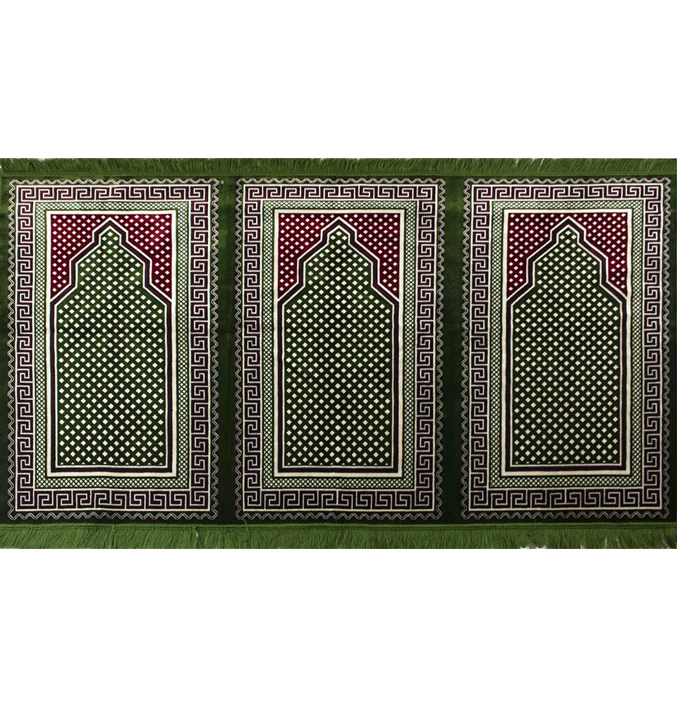 Wide 3 Person Masjid Islamic Prayer Rug - Green/Red