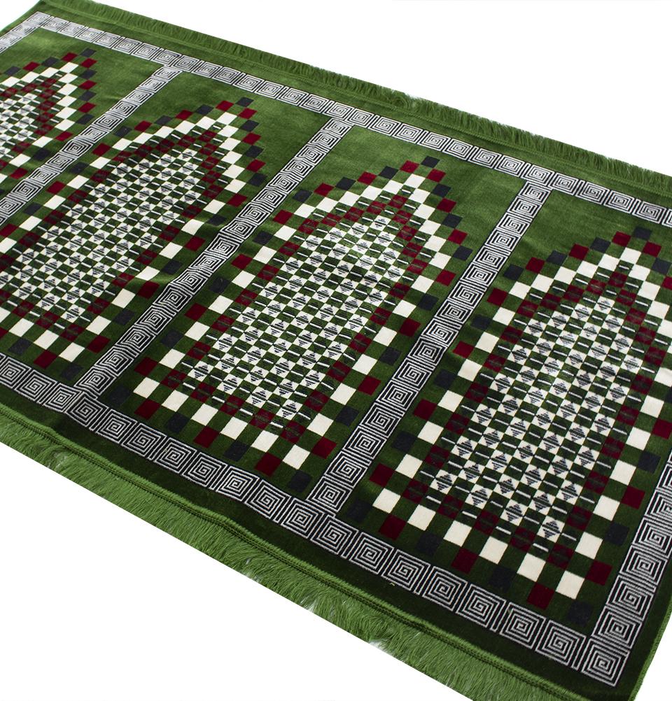 Wide 4 Person Masjid Prayer Rug - Geometric Spirals Green