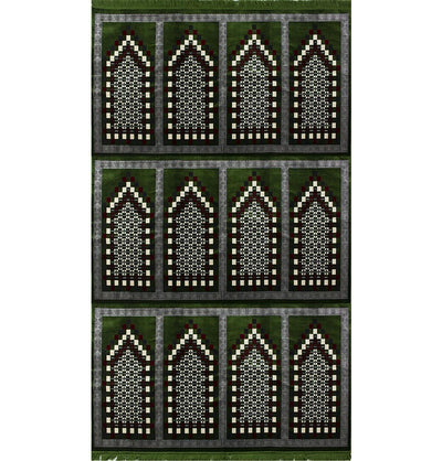 Modefa Prayer Rug Green Wide 12 Person Masjid Islamic Prayer Rug | Geometric Spirals - Green & Red