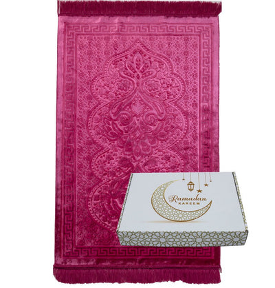 Modefa Prayer Rug Hot Pink Luxury Velvet Islamic Prayer Rug Gift Box Set with Prayer Beads - Hot Pink