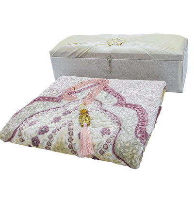 Modefa Prayer Rug Ivory Keepsake Velvet Gift Set with| Luxury Winter Rose Prayer Rug & Tesbih - Ivory