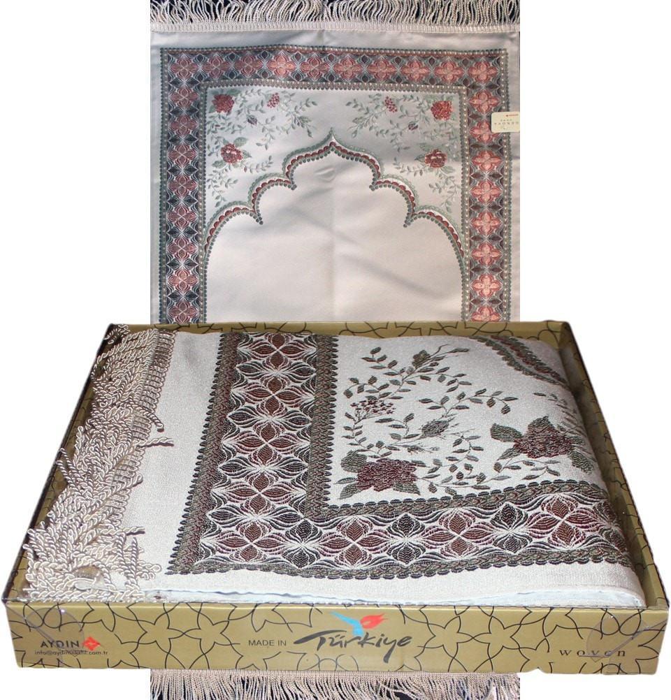 Luxury Thin Embroidered Prayer Mat Gift Box Set Simple Rose- Ivory