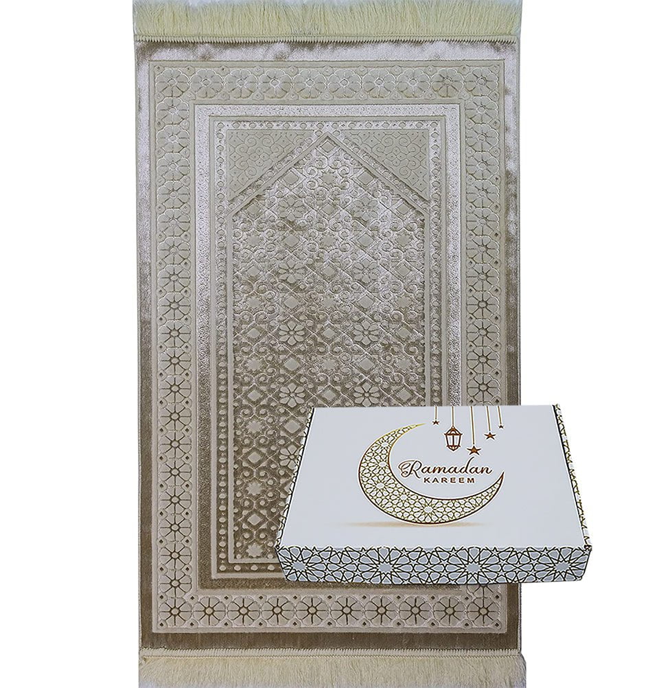 Modefa Prayer Rug Ivory Luxury Velvet Islamic Prayer Rug Gift Box Set with Prayer Beads - Ivory