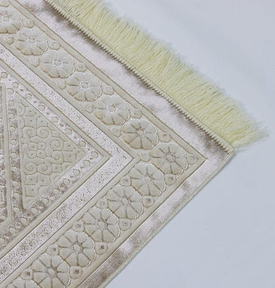 Modefa Prayer Rug Ivory Luxury Velvet Islamic Prayer Rug Gift Box Set with Prayer Beads - Ivory