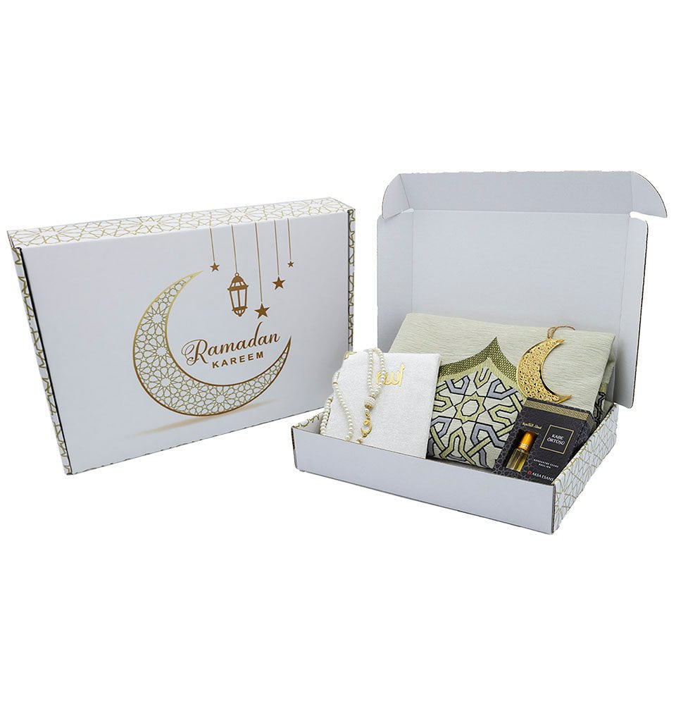 Modefa Prayer Rug Ivory Ramadan Gift Box Set - 5 Pieces with Prayer Mat - Creme