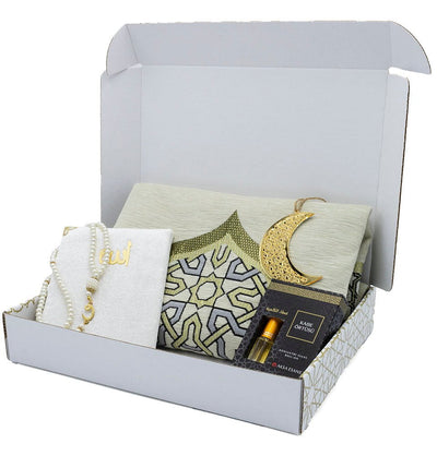 Modefa Prayer Rug Ivory Ramadan Gift Box Set - 5 Pieces with Prayer Mat - Creme