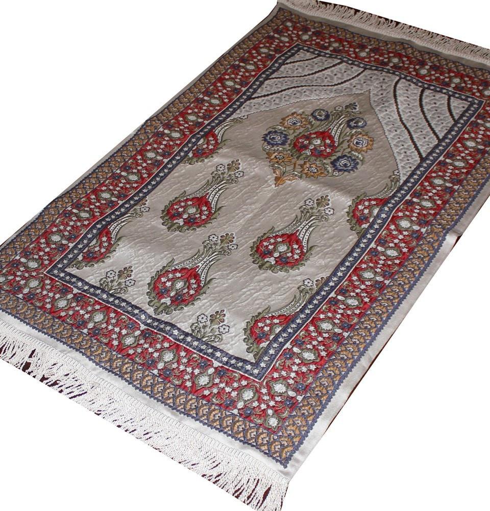 Modefa Prayer Rug Large Wide Luxury Thin Embroidered Prayer Mat Gift Box Set 'Jacobean' Tulip- Ivory / Red - Modefa 