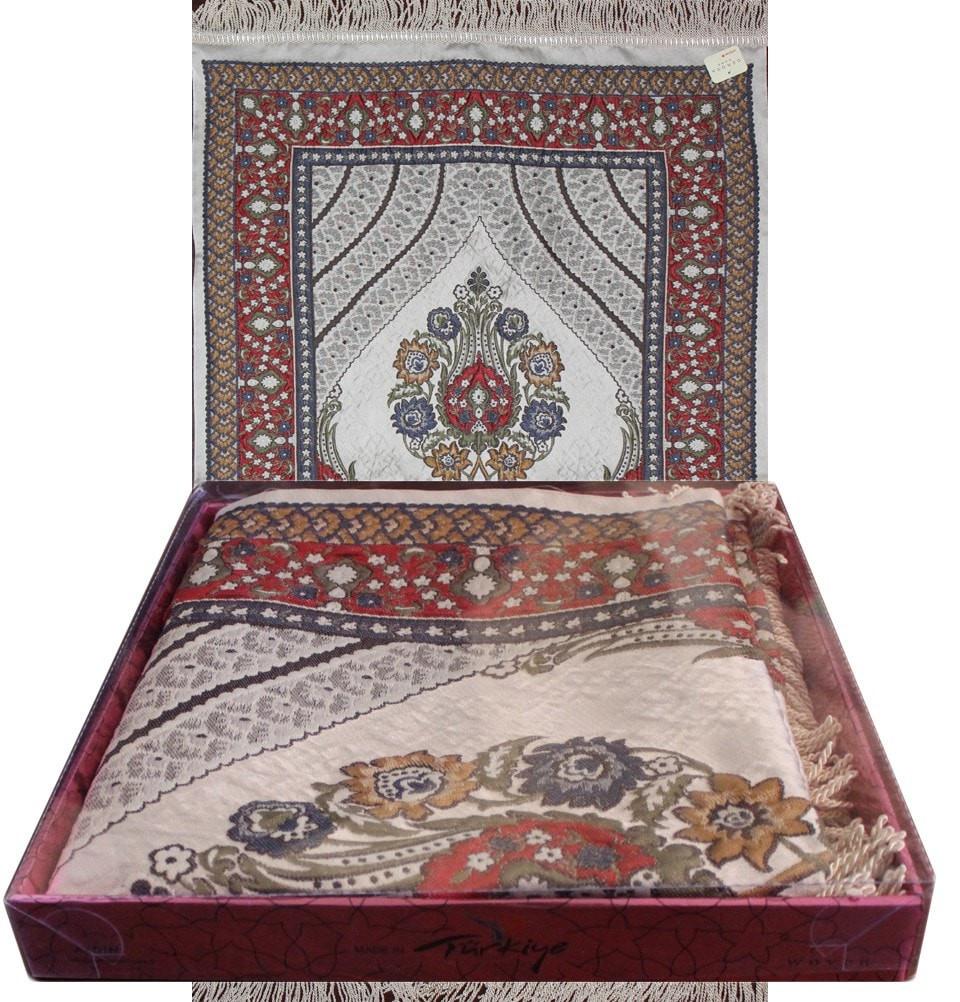 Modefa Prayer Rug Large Wide Luxury Thin Embroidered Prayer Mat Gift Box Set 'Jacobean' Tulip- Ivory / Red - Modefa 