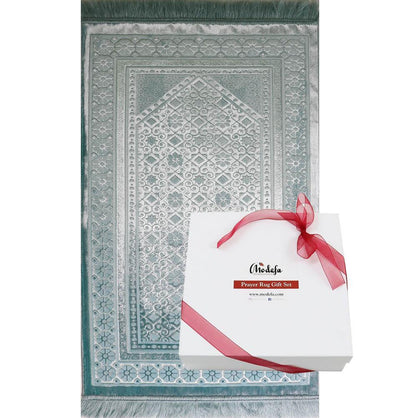 Luxury Velvet Islamic Prayer Rug Gift Box Set with Prayer Beads - Light Blue