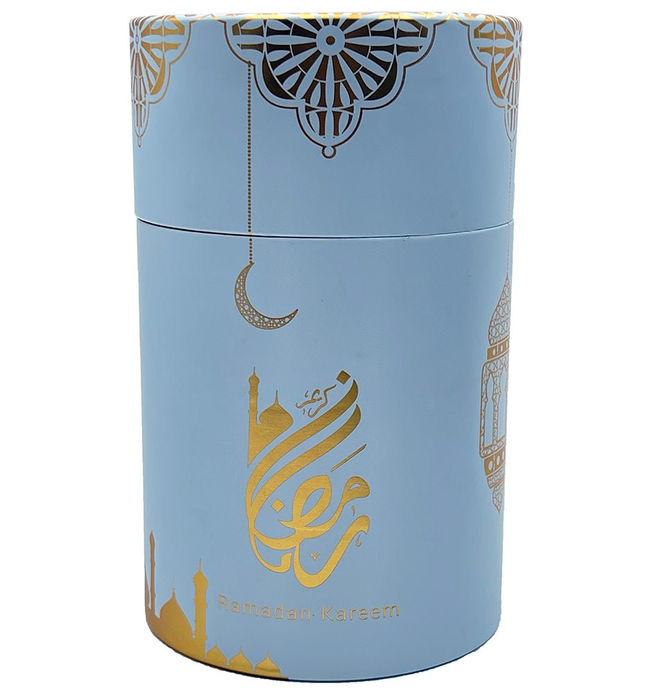 Modefa Prayer Rug Light Blue Ramadan Kareem Cylinder Gift Box Set with Prayer Mat & Prayer Beads - Light Blue