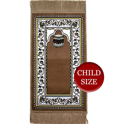 Modefa Prayer Rug Light Brown Child Velvet Islamic Prayer Rug | Vined Arch & Kaba - Light Brown