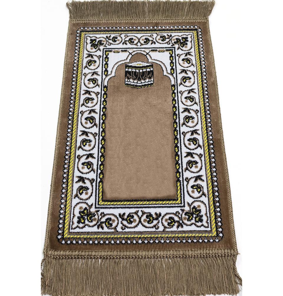 Modefa Prayer Rug Light Brown Child Velvet Islamic Prayer Rug | Vined Arch & Kaba - Light Brown