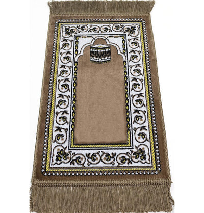 Modefa Prayer Rug Light Brown Child Velvet Islamic Prayer Rug | Vined Arch & Kaba - Light Brown