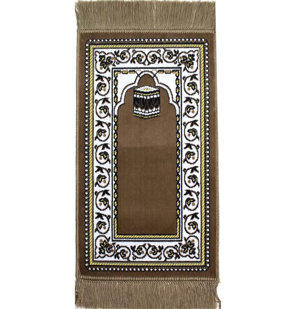 Modefa Prayer Rug Light Brown Child Velvet Islamic Prayer Rug | Vined Arch & Kaba - Light Brown